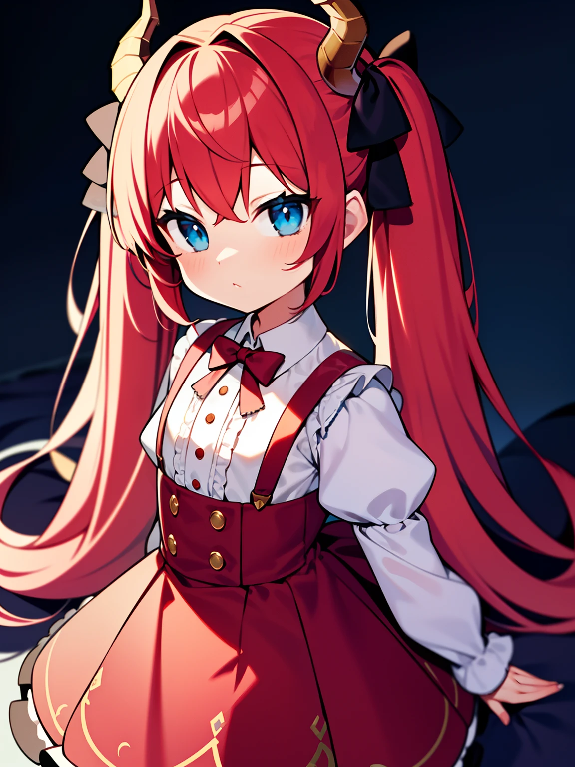 {{best quality}}, {{masterpiece}}, {{ultra-detailed}}, {illustration}, {detailed light}, red hair,blue eyes,twintails,lolita,Suspenders skirt,Fantastic,loli,solo,Dragon horns,little girl,long hair