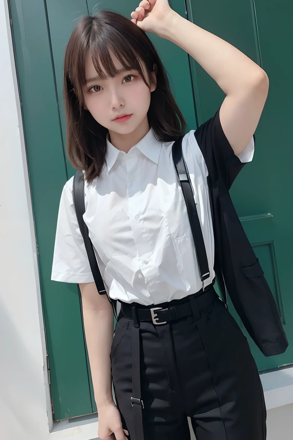 masterpiece、flat-colors、depth of fields、lens flare 1 girl、、Brown hair、watching at viewers a belt black suspenders huge-breasted Armpit sweat perspiring Side of both hands walls: Black pants, Black jacket holster arm Leg holster arma Gaze Small face