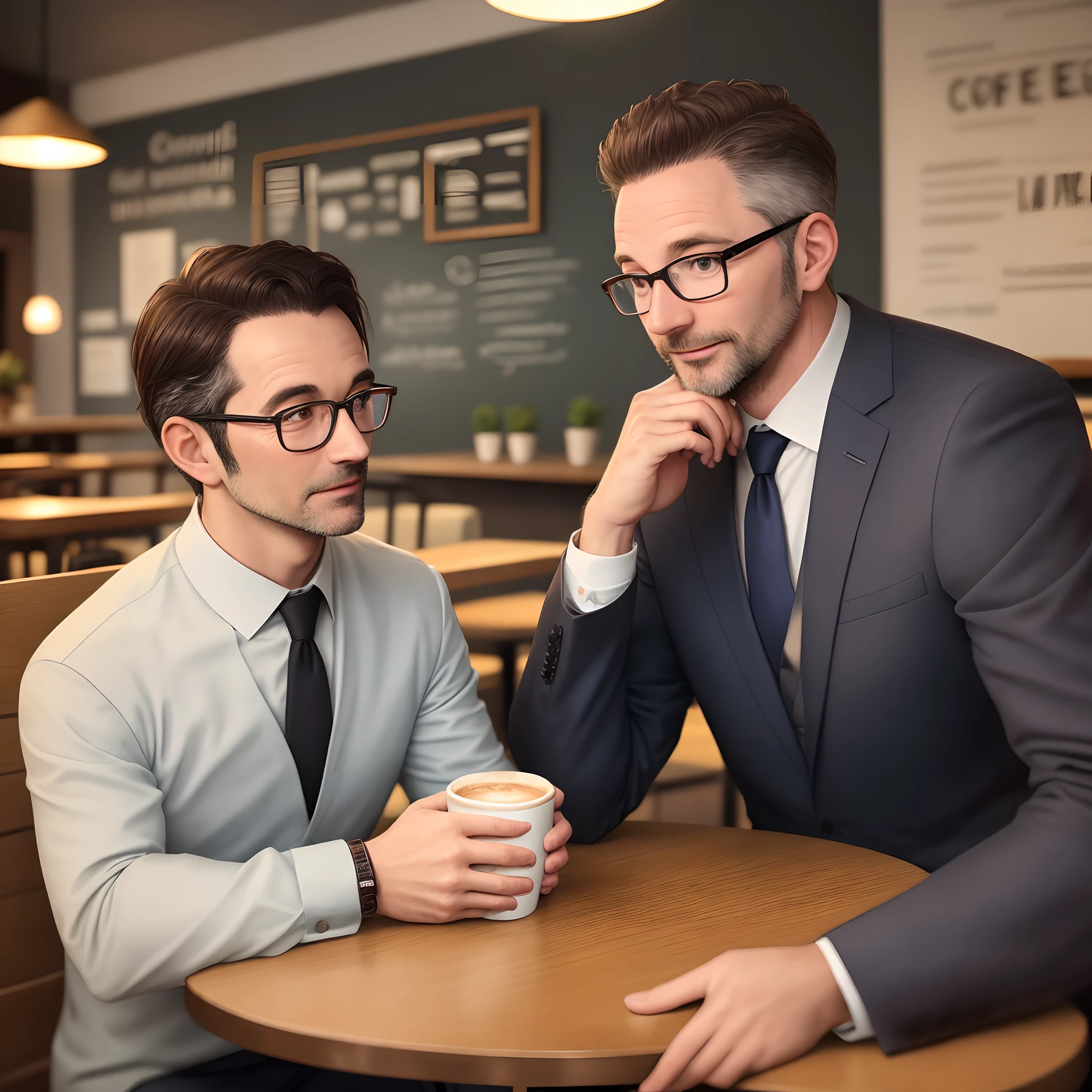 Two men in their 40s talking over coffee in a coffee shop, both in suits, one with glasses, sitting face to face at a wide table