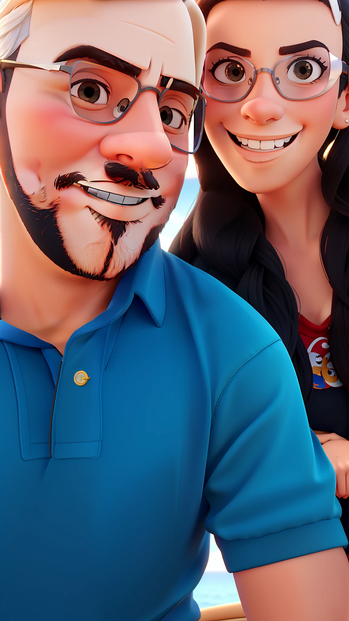 A happy couple in sunglasses taking photo with various yachts on disney pixar style background, alta qualidade, melhor qualidade