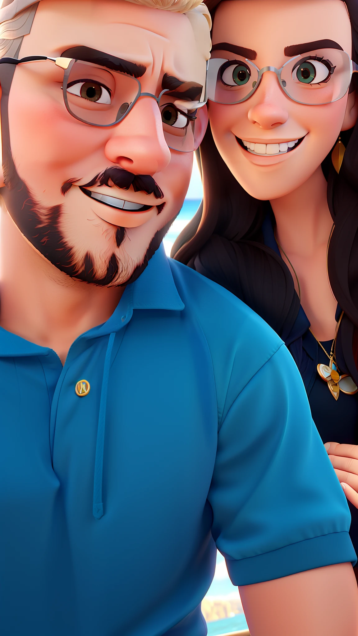 A happy couple in sunglasses taking photo with various yachts on disney pixar style background, alta qualidade, melhor qualidade