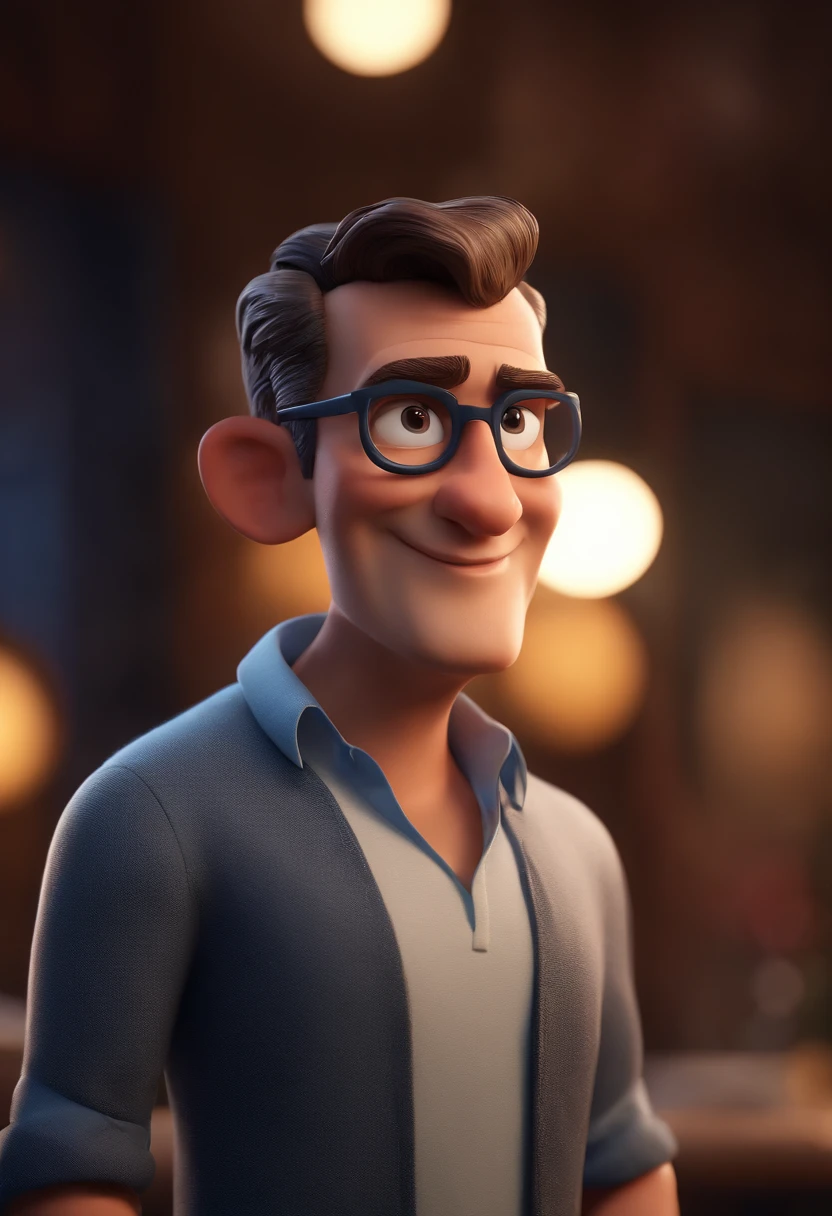 Cartoon character of a man with black glasses and a blue shirt, animation character, Caractere estilizado, animation style rendering, 3D estilizado, Arnold Maya render, 3 d render stylized, toon render keyshot, Personagem 3D, Personagem 3D, 3d rendering stylized, 3 d character render, personagem de desenho animado, Personagem de close up, Pose de personagem, (Estilo Pixar) (master part:1.2) (Bokeh) (best quality) (pele detalhada) (textura detalhada) (8k) (argila) (Cinematic lighting) (foco nítido