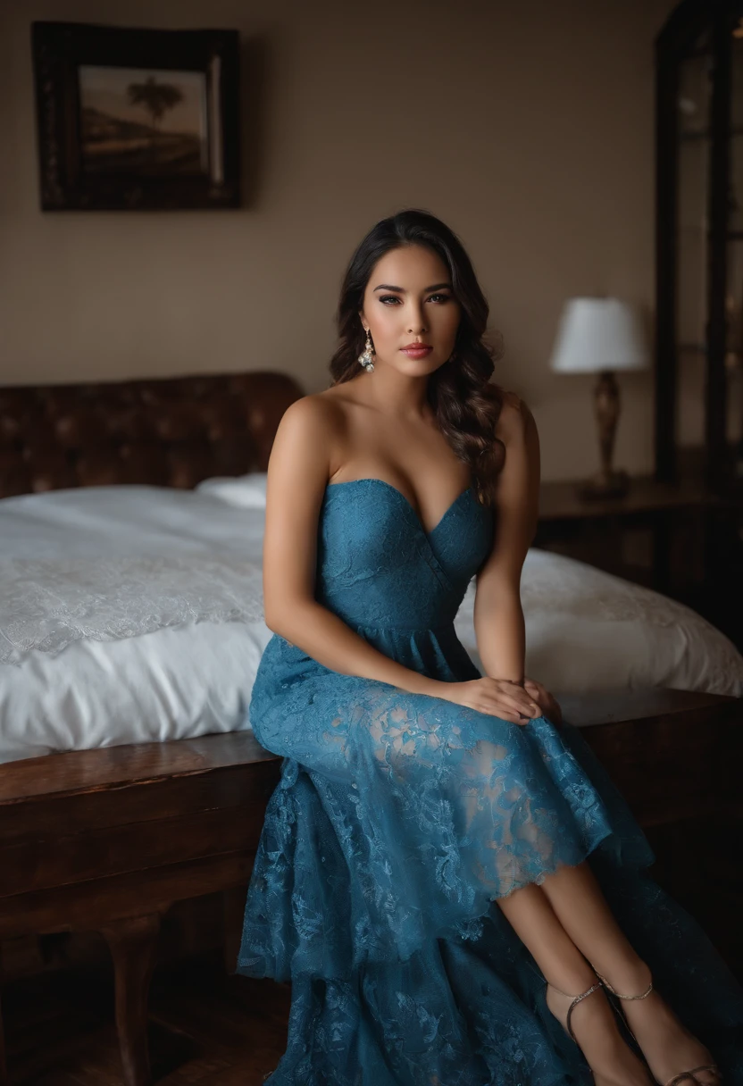 Arafed woman in a blue dress sitting on a sofa, 18 years old, hermosa novia, ayahausca, poco caliente, 21-year-old, seductora pose sentada, pose casual, 1 6 years, 2 4 year old female model, Asian girl, vestido corto, Angelawhite, Sentado en una cama, seductoramente mirando al frente hiperrealista