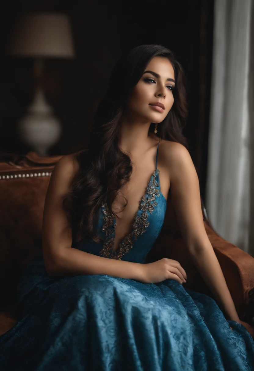 Arafed woman in a blue dress sitting on a sofa, 18 years old, hermosa novia, ayahausca, poco caliente, 21-year-old, seductora pose sentada, pose casual, 1 6 years, 2 4 year old female model, Asian girl, vestido corto, Angelawhite, Sentado en una cama, seductoramente mirando al frente hiperrealista