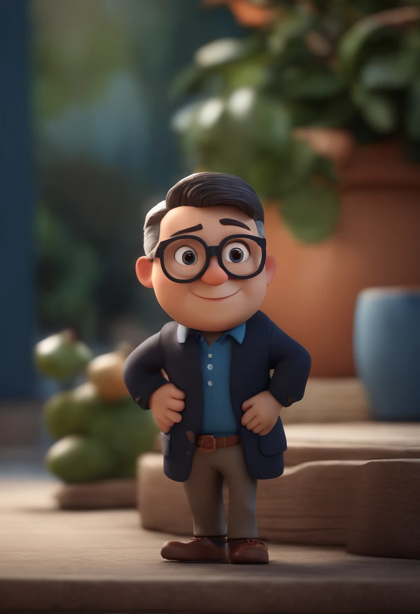 Cartoon character of a man wearing black glasses and a blue shirt, um personagem animado, Caractere estilizado, animation style rendering, 3D estilizado, Arnold Maya render, 3 d render stylized, toon render keyshot, Personagem 3D, Personagem 3D, 3d rendering stylized, 3 d character render, personagem de desenho animado, Personagem de close up, Pose de personagem, (Estilo Pixar) (master part:1.2) (Bokeh) (best quality) (pele detalhada) (textura detalhada) (8k) (argila) (Cinematic lighting) (foco nítido，Senta e vaza a parte superior do corpo