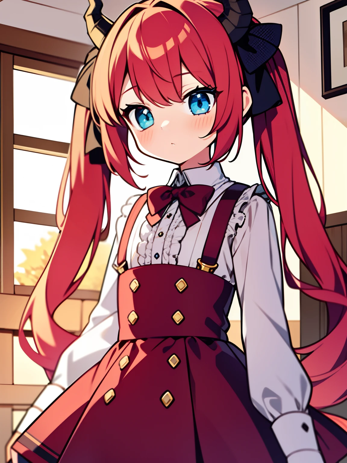 {{best quality}}, {{masterpiece}}, {{ultra-detailed}}, {illustration}, {detailed light}, red hair,blue eyes,twintails,lolita,Suspenders skirt,Fantastic,loli,solo,Dragon horns,little girl,long hair