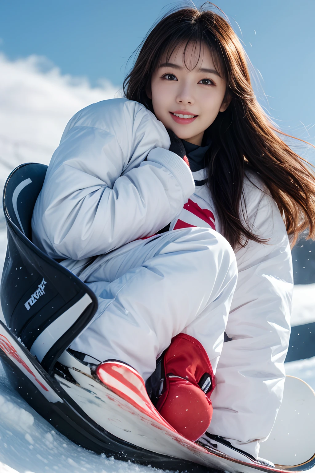 ​masterpiece、8K、32K、top-quality、(A cute Japanese woman:1.1)、detail portrayal、1 girl in、elegent、bangss、(Snowboard Wear:1.3)、Winters、a ski、cowboy  shot、ssmile、tits out、zoomout