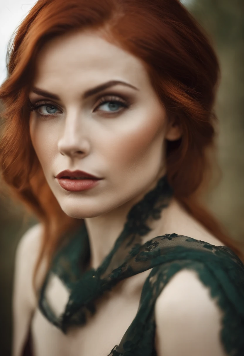 Mulher parda,magra,Red hair up to the shoulder, olhos levemente puxados, rosto quadrado ovalado , com olha sexy como uma deusa