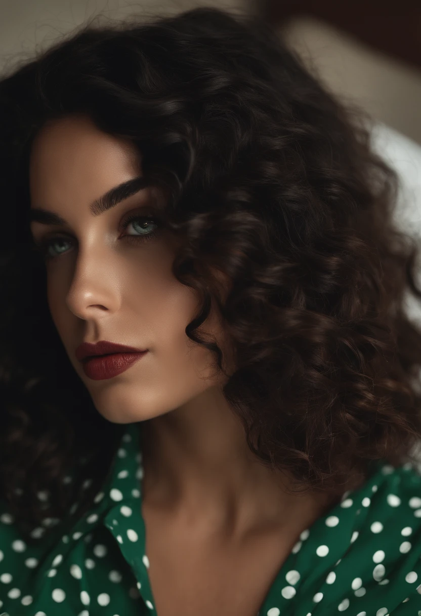 There's a woman in a green top holding a pillow of red polka dots, curly middle part haircut, sem maquiagem cabelo ondulado, Ela tem pele marrom oliva, Retrato Sophie Mudd, com olhos verdes deslumbrantes, grandes sobrancelhas grossas e ousadas, her black hair is a long curly, with parted lips and stunning, com olhos azuis brilhantes, cabelos cacheados e curtos, sem maquiagem, Realistic