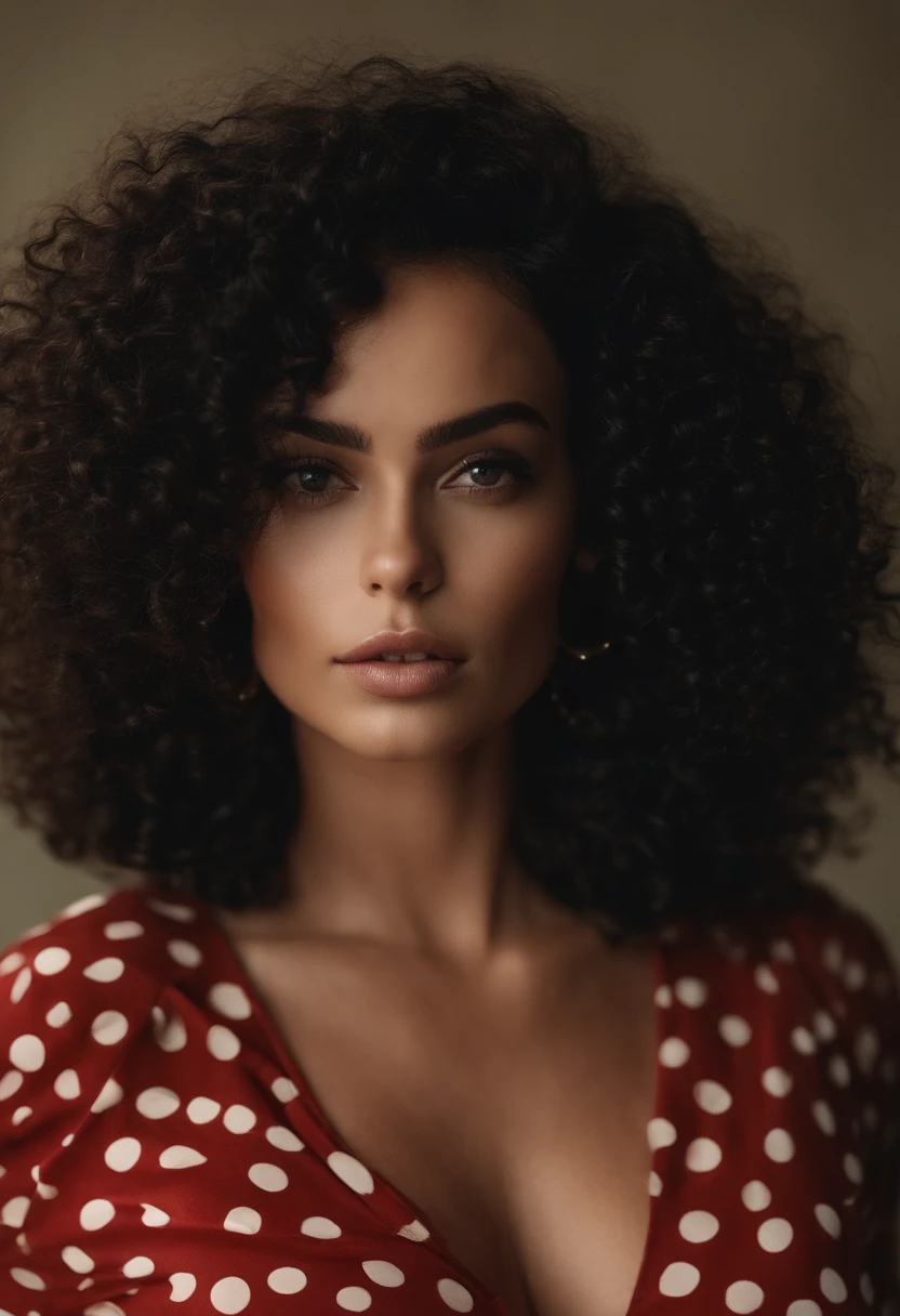 There's a woman in a green top holding a pillow of red polka dots, curly middle part haircut, sem maquiagem cabelo ondulado, Ela tem pele marrom oliva, Retrato Sophie Mudd, com olhos verdes deslumbrantes, grandes sobrancelhas grossas e ousadas, her black hair is a long curly, with parted lips and stunning, com olhos azuis brilhantes, cabelos cacheados e curtos, sem maquiagem, Realistic