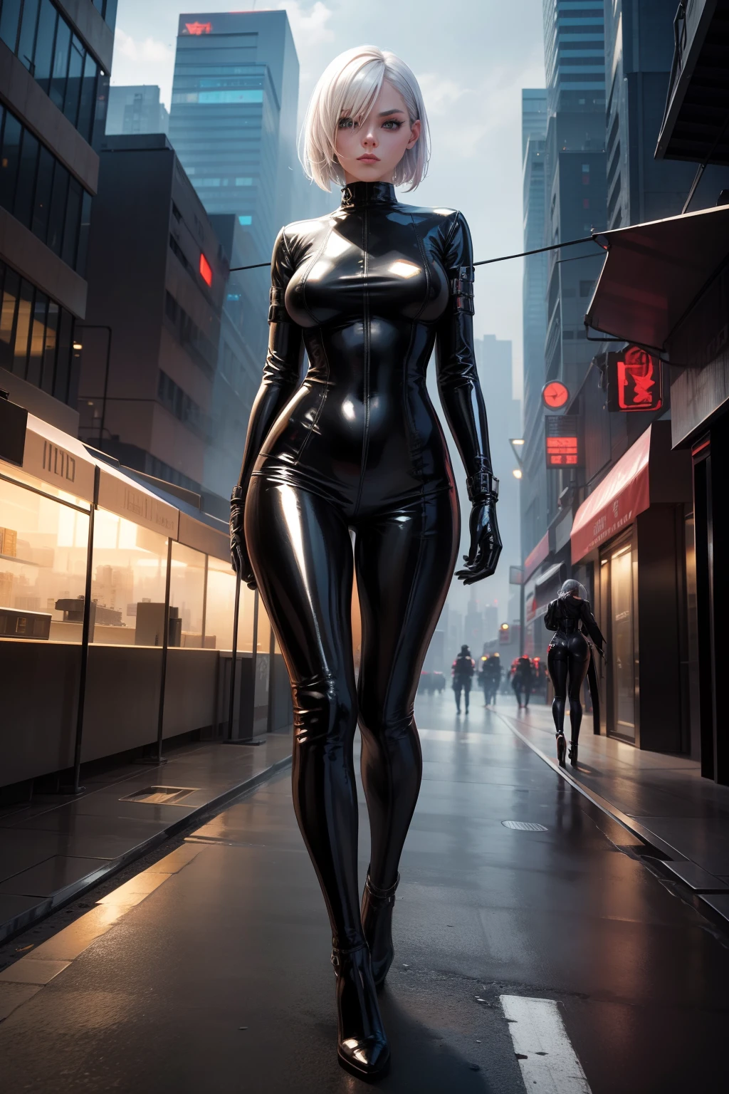 solo, super fine photo, full body digital art Unreal Engine 5 8K UHD of a girl, concept art, character concept design, fetish clothing, rubber clothes, wearing black latex bodysuit with straps, long black latex gloves with straps, latex high heels, bob style white hair, seducing face, cyberpunk fashion design, walking in futuristic city fantasy background, best quality, masterpiece, super detailed, sharp focus, female pose