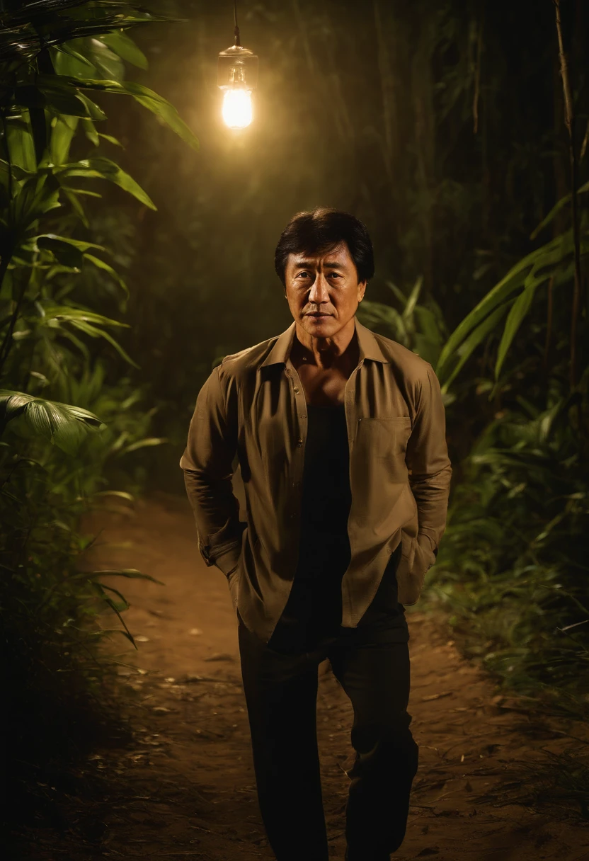Masterpiece, Jackie Chan walks through the jungle at night (Night in the fireflies), (High detail:1 1), Rough face, Natural skin, High quality, NSFW, Beautiful eyes, (Detailed face and eyes), (face: 1 2), noise, Realphotos, Lamp film photography, Sharp focus, contrasty lighting, Detailed skin, High resolution 8K, insanely details, Realistic, Professional photography, 8K  UHD, SLR camera, Soft lighting, High quality, filmgrain, Fujifilm XT3, 50 millimeters,