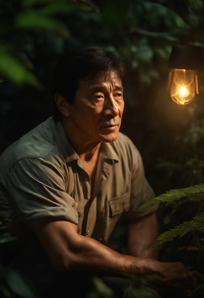 Masterpiece, Jackie Chan walks through the jungle at night (Night in the fireflies), (High detail:1 1), Rough face, Natural skin, High quality, NSFW, Beautiful eyes, (Detailed face and eyes), (face: 1 2), noise, Realphotos, Lamp film photography, Sharp focus, contrasty lighting, Detailed skin, High resolution 8K, insanely details, Realistic, Professional photography, 8K  UHD, SLR camera, Soft lighting, High quality, filmgrain, Fujifilm XT3, 50 millimeters,