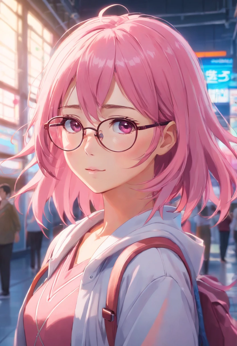 Close-up of a woman with pink hair wearing glasses, obra no estilo Guvez, Guvez, kawaii retrato realista, inspirado em Seihiko-kun, rosto rosa brilhante, menina cor-de-rosa, retrato bonito do anime, pink-tinted eyewear, olhos cor-de-rosa brilhantes, Estilo anime 3D realista, Yanjuncheng, realistic anime art style, ((Rosa)8k