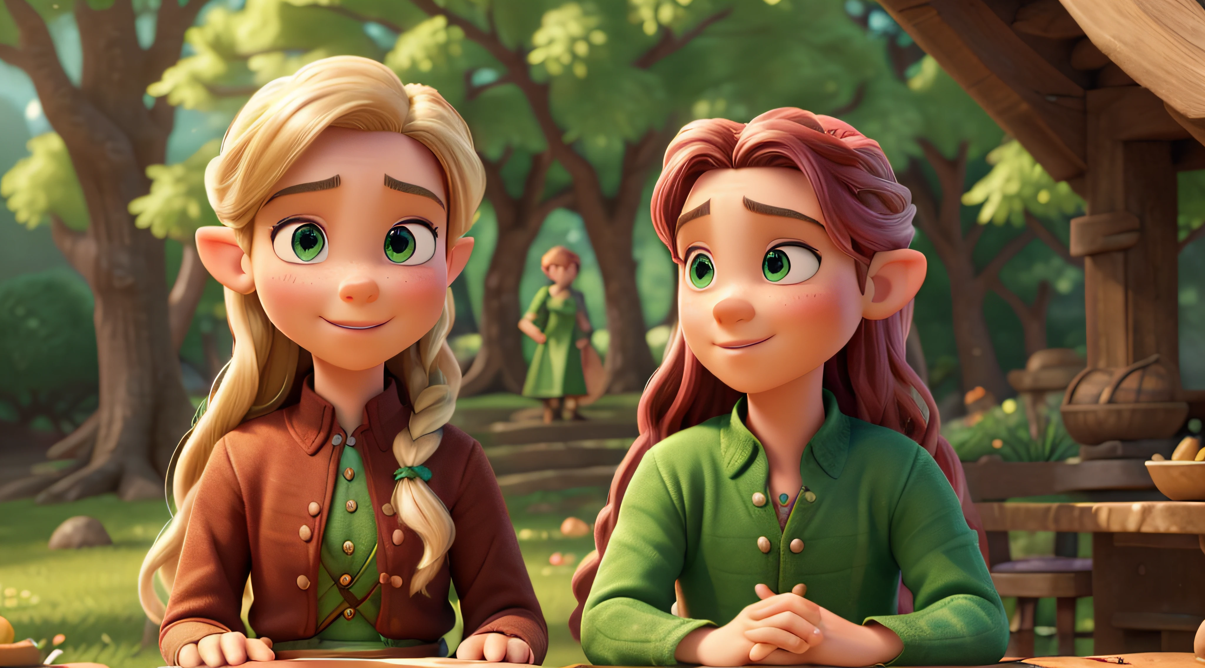 Pixar style: (best quality,4k,8k,highres),ultra-detailed,(realistic, photorealistic, photo-realistic:1.37). Elrond and Legolas the elves of the elven city of the woods, lord of the rings. illustration, animation, colorful scenes, expressive, playful, fantastic, whimsical.