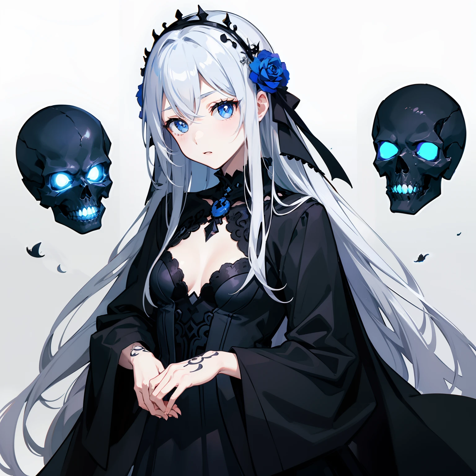abyssal、Sinking Beauty、A beautiful man about 25 years old、silber hair、Blue eyes、skeletal、skull、Calavera、a cool、Beautiful flowers