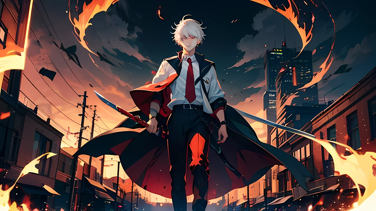 a highschool boy wearing school uniform, has a white hair. holding a sword with a red flame coming out from his sword. the background is in the city. stood in the middle of huge glowing flame and lightning. he has a demonic aura on his body. Masterpiece, high-resolution, detailed eyes, red eye color, full body. dramatic lighting.