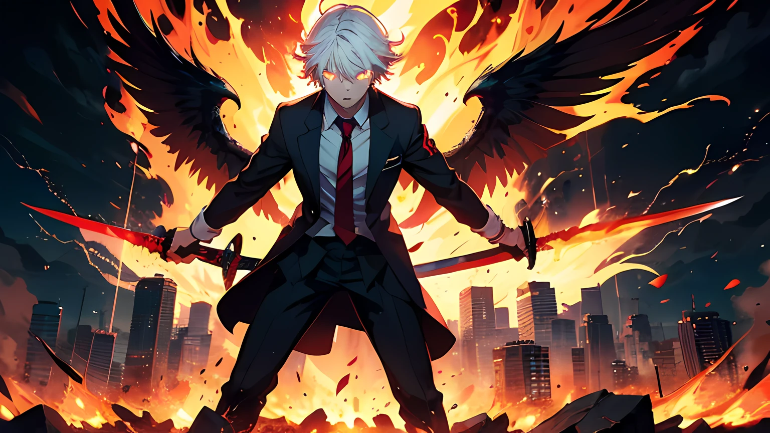 a highschool boy wearing school uniform, has a white hair. holding a sword with a red flame coming out from his sword. the background is in the city. stood in the middle of huge glowing flame and lightning. he has a demonic aura on his body. Masterpiece, high-resolution, detailed eyes, red eye color, full body. dramatic lighting.