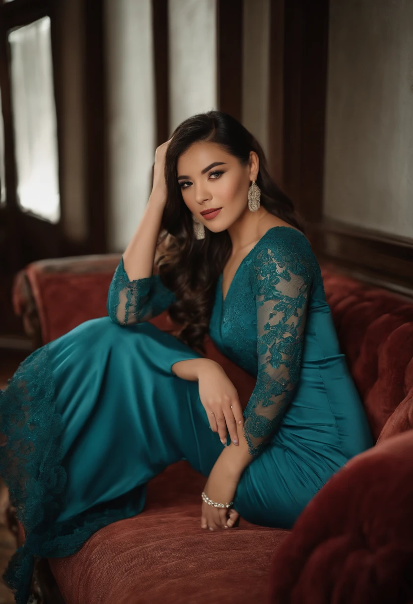 Arafed woman in a blue dress sitting on a sofa, 18 years old, hermosa novia, ayahausca, poco caliente, 21-year-old, seductora pose sentada, pose casual, 1 6 years, 2 4 year old female model, Asian girl, vestido corto, Angelawhite, Sentado en una cama, seductoramente mirando al frente