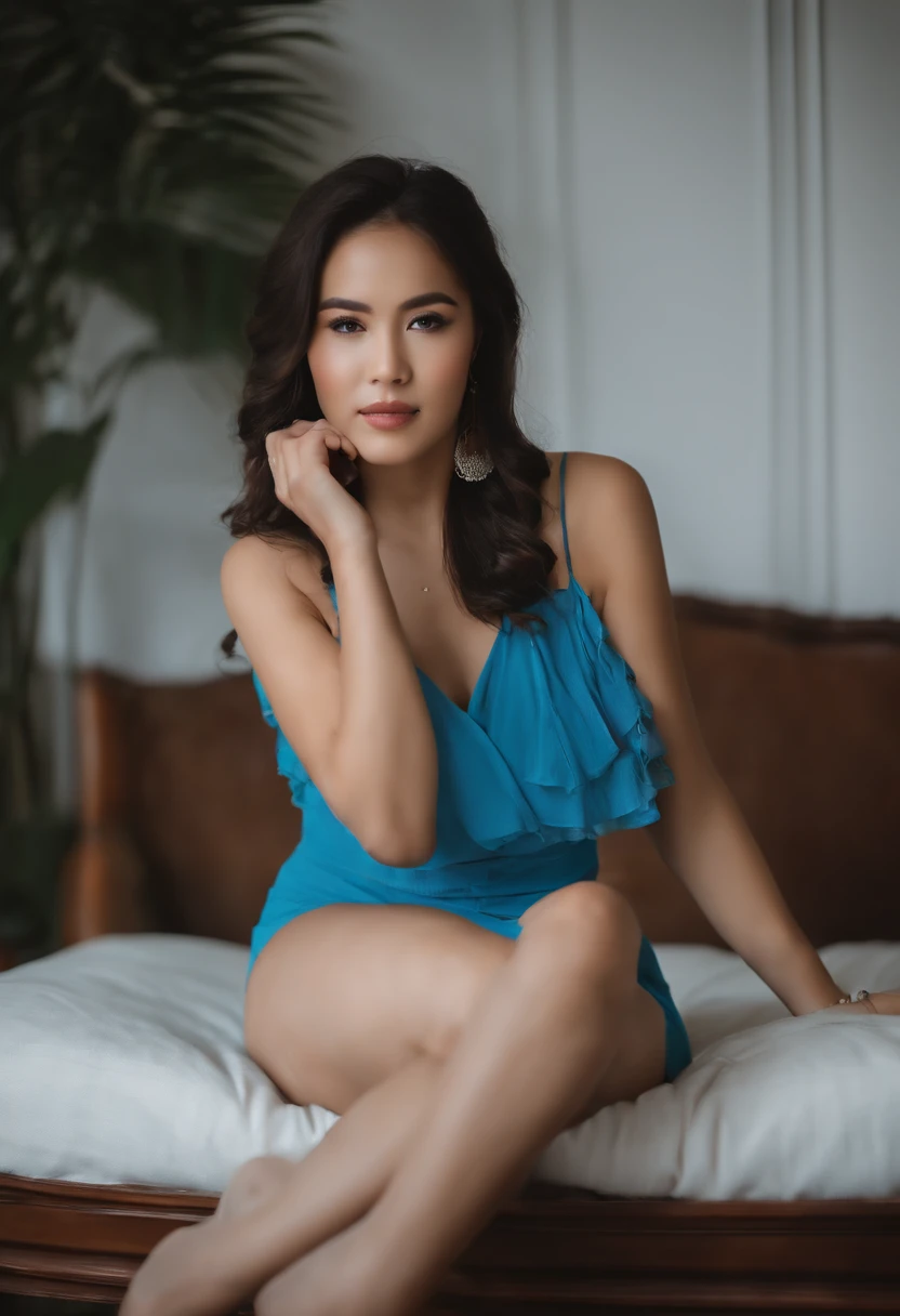 Arafed woman in a blue dress sitting on a sofa, 18 years old, hermosa novia, ayahausca, poco caliente, 21-year-old, seductora pose sentada, pose casual, 1 6 years, 2 4 year old female model, Asian girl, vestido corto, Angelawhite, Sentado en una cama, seductoramente mirando al frente