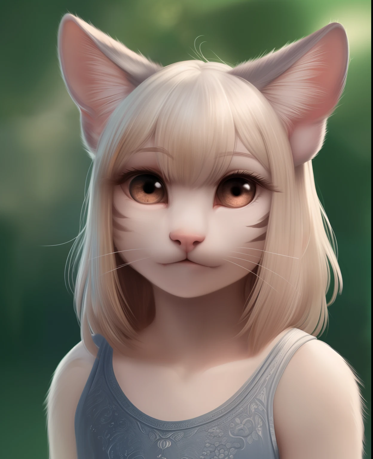 (1girl, solo), (masterpiece, best quality, ultra-detailed), (full body)
(simple background, natural lighting, intricate details), 
(humanoid face, cute female anthro cat, (detailed silky cat fur:1.2), (cat fur), cat ears and pink nose),
(platinum blonde colored hair, bangs hair, detailed humanoid glossy brown eyes, full lashes, thick eyebrows),