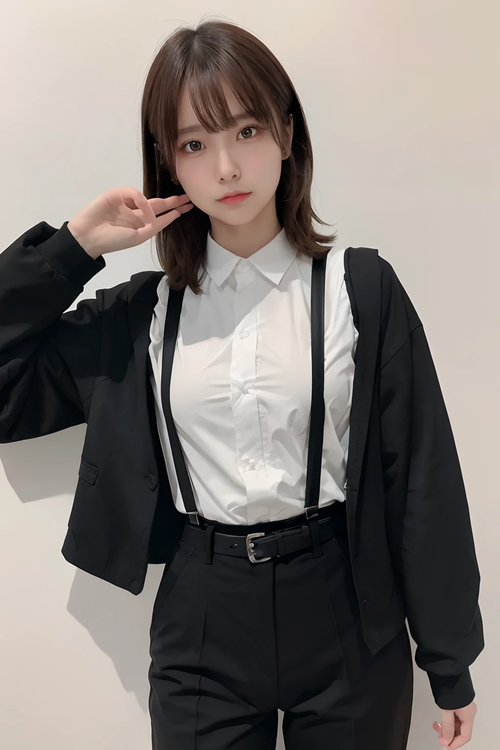 ​masterpiece、flat-colors、depth of fields、lens flare 1 girl、、Brown hair、watching at viewers　　　　a belt　black suspenders　　　huge-breasted　　　 　 Armpit sweat　perspiring　Side of both hands　　walls: 　Black pants, Black jacket holster　arm　Leg holster　　　arma　Gaze　　　Small face