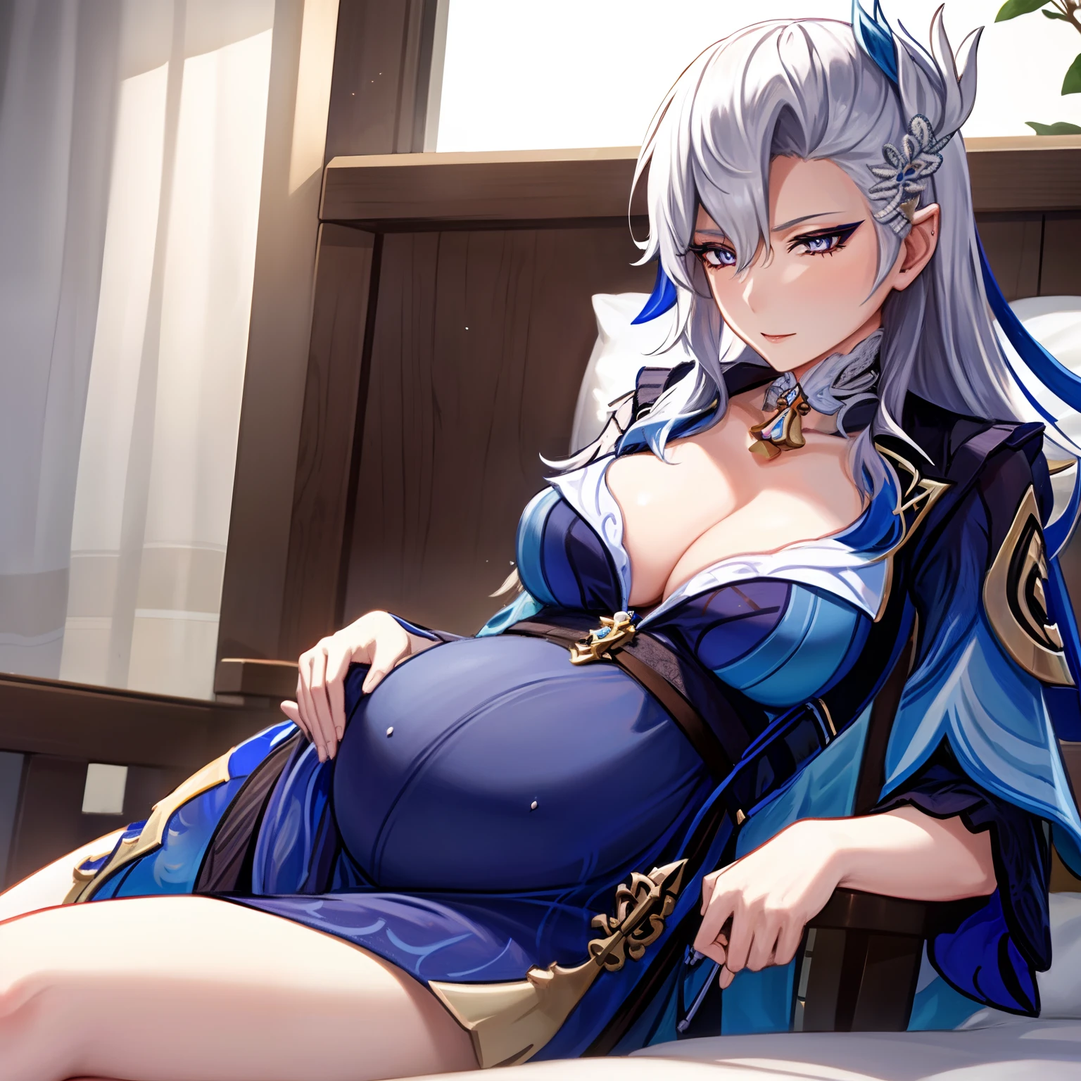 1girl, solo, (neuvillette, genshin impact), detailed face, high quality, wearing blue night_robe, laying in bed, pijama, pillows, bed, sheets, indoor, leaving room, well detailed background, pregnant, blue loose gown, detailed face, detailed eyes, long white hair, mature woman, long loose simple dress, sash belt, heavily pregnant mother caressing her belly, mature old lady