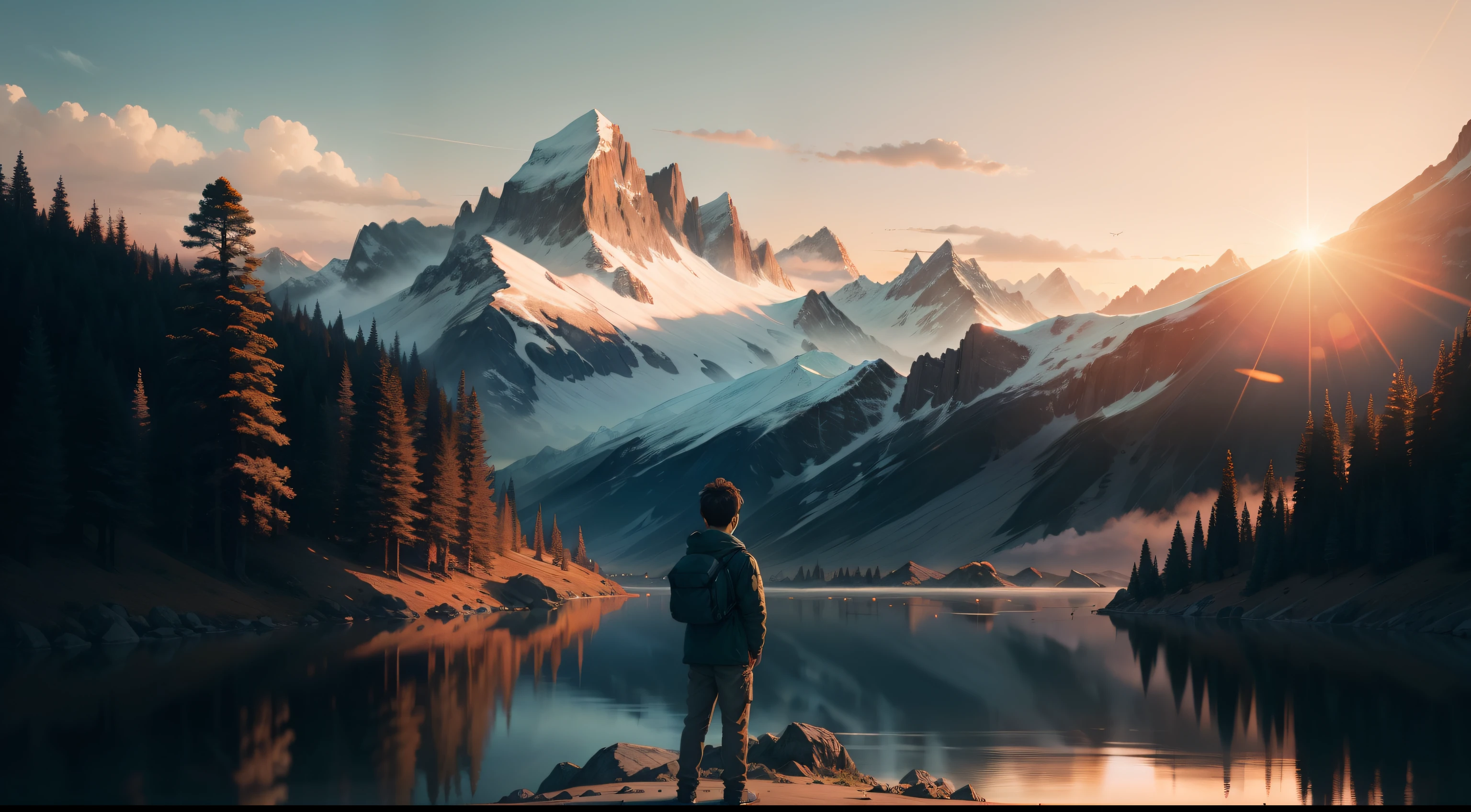 A high mountain, on which a boy is standing, looking at the sky, open sky, calm, like a movie, the trees are green, the birds are chirping,highlighting, sunset