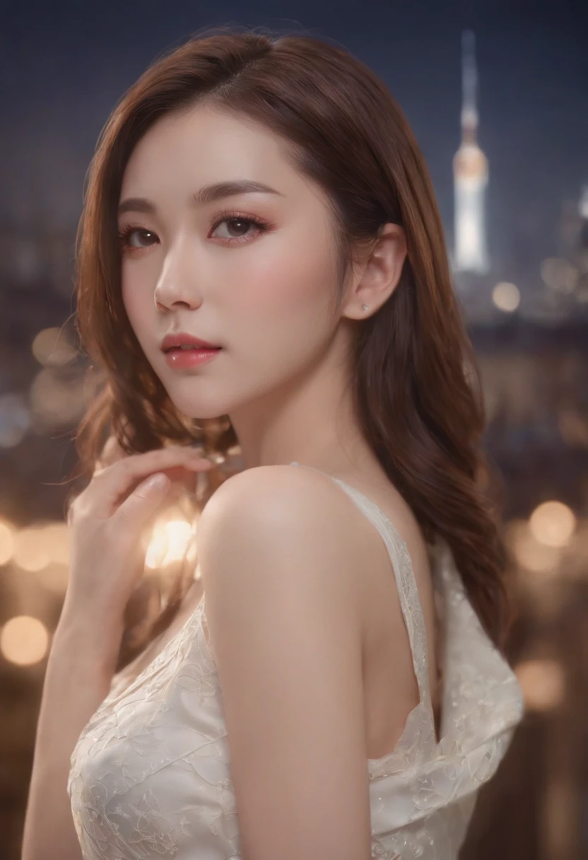 (sleeveless chinese clothes:1.5),  floral print,  (night cityscape background:1.5), (1girl:1.6),   long hair, ulzzang-6500v1.1, (original: 1.2), (realistic: 1.3) , beautiful girl with beautiful details, extremely detailed eyes and face, eyes with beautiful details, absurd, incredibly absurd, huge file size, ultra detail, high resolution, ultra detailed, best quality, masterpiece, illustration, ultra detailed and beautiful, ultra detailed, CG, unity, 8k wallpaper, amazing, fine Detail, masterpiece, top quality, official art, extremely detailed CG unity 8k wallpaper, cinematic lighting, (perfect shiny skin:0.6), slim and smooth lines, (floating), (small breasts:1),  diamond earrings,