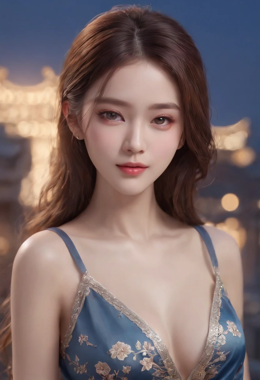 (sleeveless chinese clothes:1.5),  floral print,  (night cityscape background:1.5), (1girl:1.6),   long hair, ulzzang-6500v1.1, (original: 1.2), (realistic: 1.3) , beautiful girl with beautiful details, extremely detailed eyes and face, eyes with beautiful details, absurd, incredibly absurd, huge file size, ultra detail, high resolution, ultra detailed, best quality, masterpiece, illustration, ultra detailed and beautiful, ultra detailed, CG, unity, 8k wallpaper, amazing, fine Detail, masterpiece, top quality, official art, extremely detailed CG unity 8k wallpaper, cinematic lighting, (perfect shiny skin:0.6), slim and smooth lines, (floating), (small breasts:1),  diamond earrings,