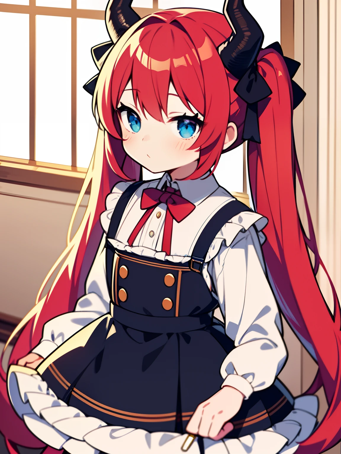 {{best quality}}, {{masterpiece}}, {{ultra-detailed}}, {illustration}, {detailed light}, red hair,blue eyes,twintails,lolita,Suspenders skirt,Fantastic,loli,solo,Dragon horns,little girl,long hair