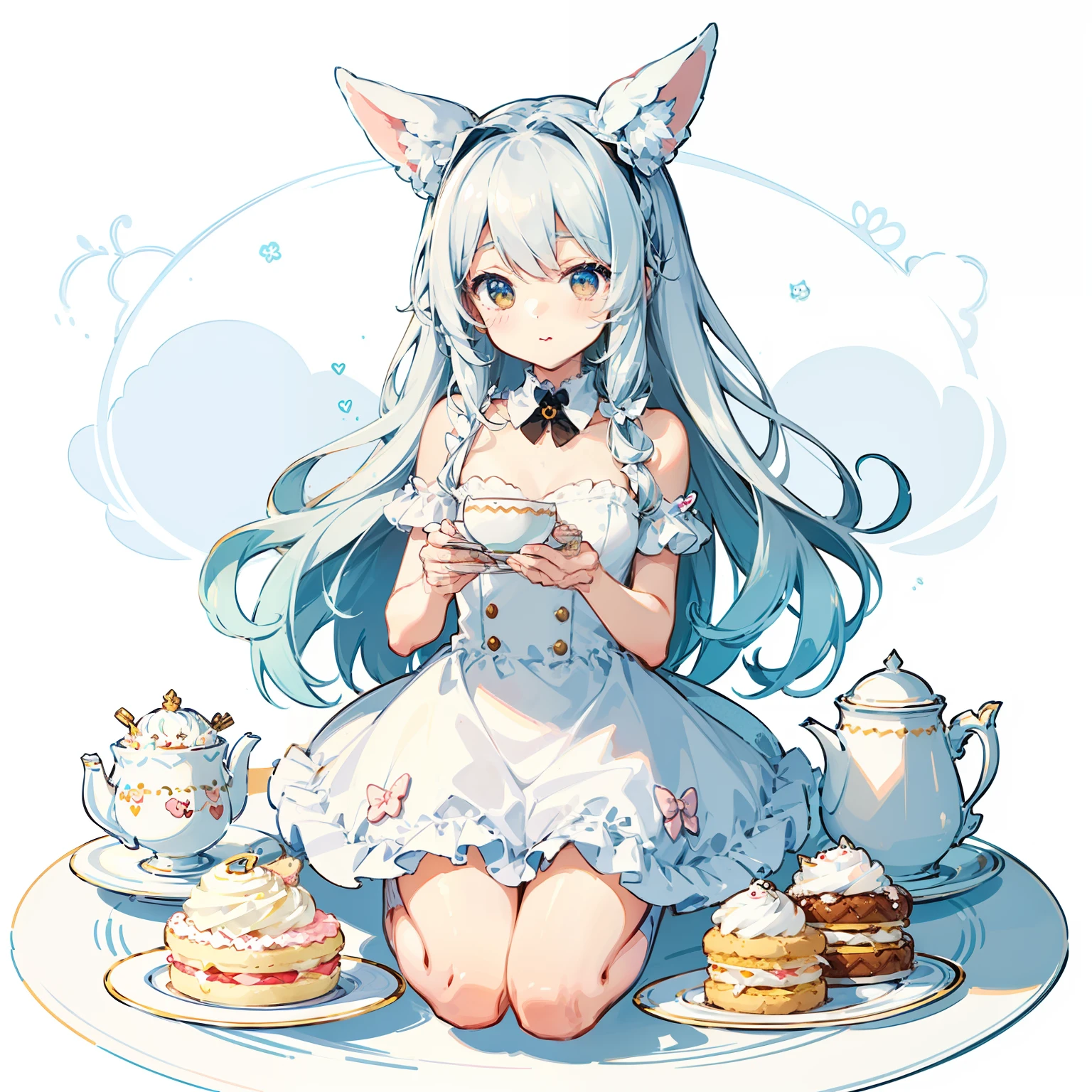 (cute illustration:1.5), fluffy white rabbit, tea party, cake, macaron, donut, cookie, tea, cute, cute, sweet, pastel color, fluffy, sweet, pale shade