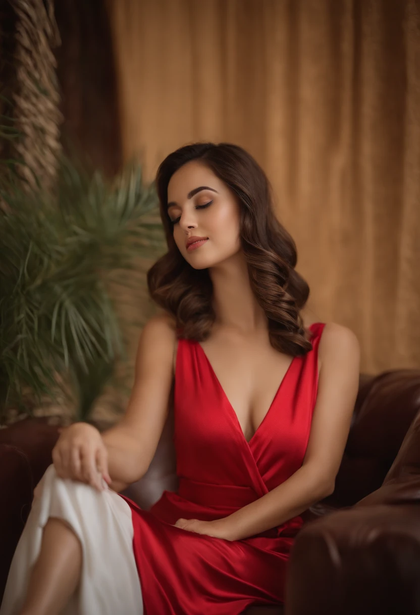 Arafed woman in a red dress sitting on a sofa, 18 years old, hermosa novia, ayahausca, poco caliente, 21-year-old, seductora pose sentada, pose casual, 1 6 years, 2 4 year old female model, Asian girl, vestido corto, Angelawhite, Sentado en una cama, seductoramente mirando al frente