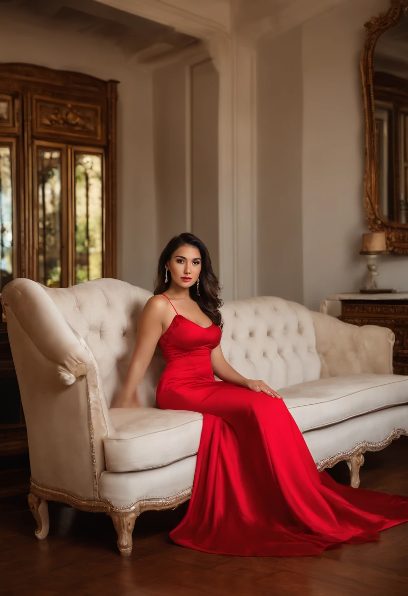 Arafed woman in a red dress sitting on a sofa, 18 years old, hermosa novia, ayahausca, poco caliente, 21-year-old, seductora pose sentada, pose casual, 1 6 years, 2 4 year old female model, Asian girl, vestido corto, Angelawhite, Sentado en una cama, seductoramente mirando al frente