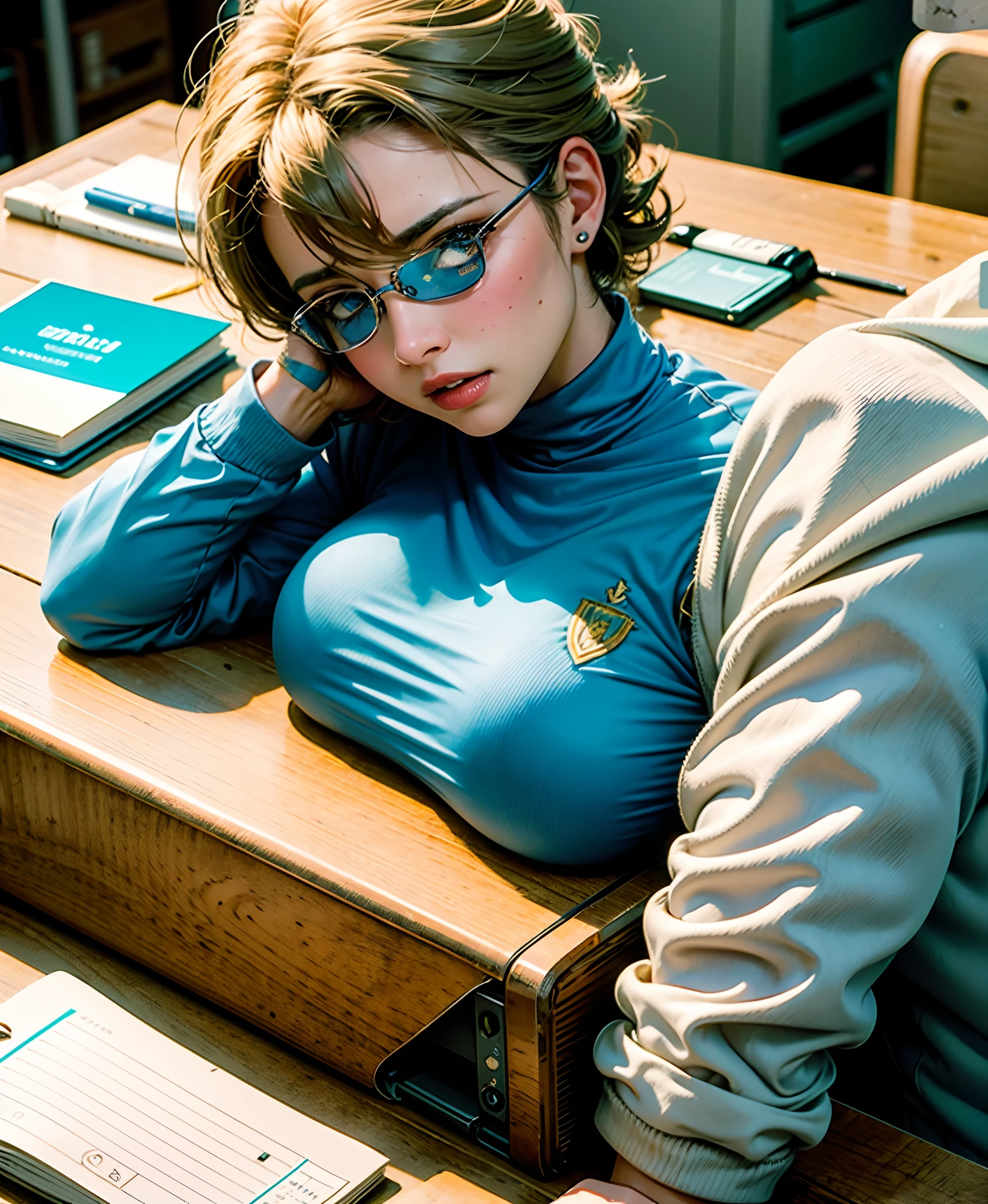 1 girl, blonde hair, short hair, updo hair, Brazil national team shirt, round eyewear, glasses, library, green eyes, solo, leaning towards viewer, round breast, black eyeliner