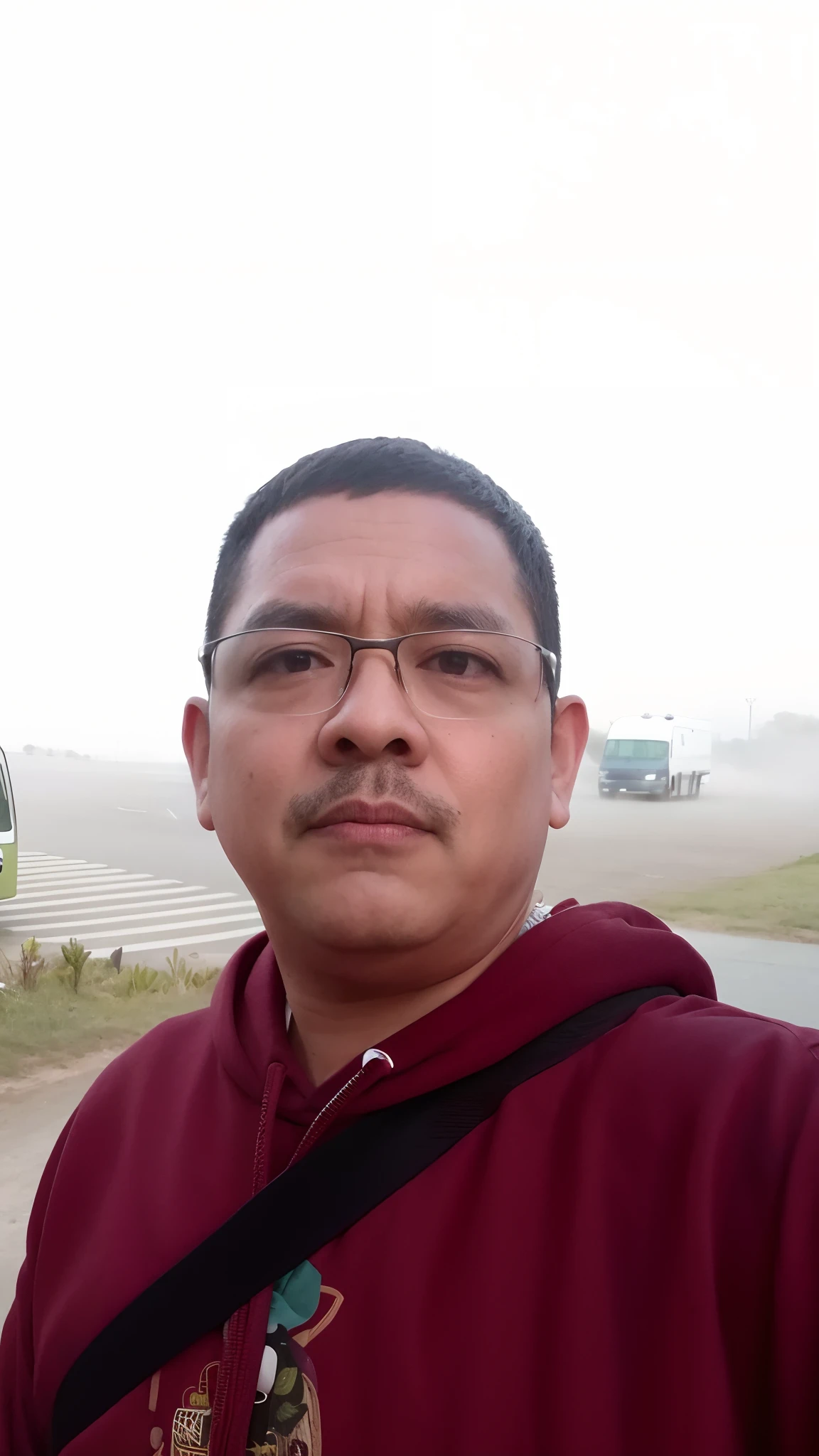 There's a man in a red hoodie standing in front of a bus with a heavy fog behind him