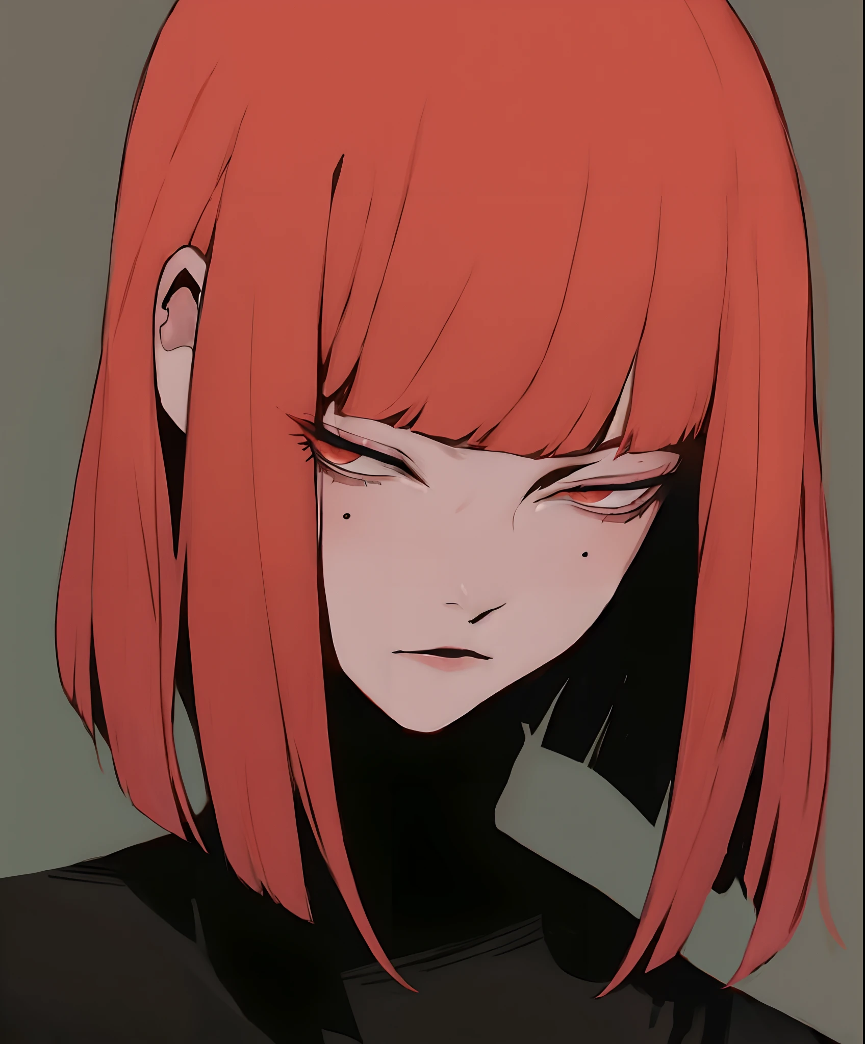 Anime girl with red hair and black shirt staring at camera, & her expression is solemn, she has red hair, Zerotwo, hime-cut, loish |, yayoi kasuma, 1 7 - year - old anime goth girl, loish art style, Tumblr, black hime cut hair, With red hair, style of anime》ultraclear，It's all cool， Masterpiece