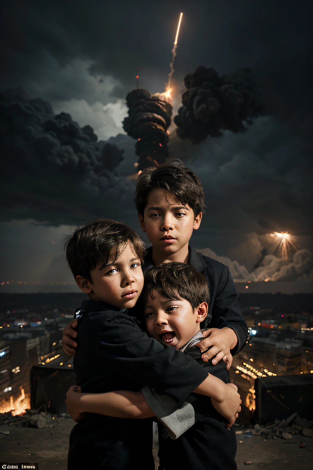 Three five year old boys crying, helpless eyes, ruins of war, hugging tightly, devastated city, missiles flying, dark clouds in the sky, super fine display, facial details