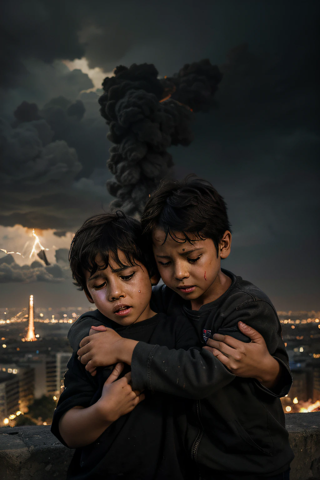 Three five year old boys crying, helpless eyes, ruins of war, hugging tightly, devastated city, missiles flying, dark clouds in the sky, super fine display, facial details