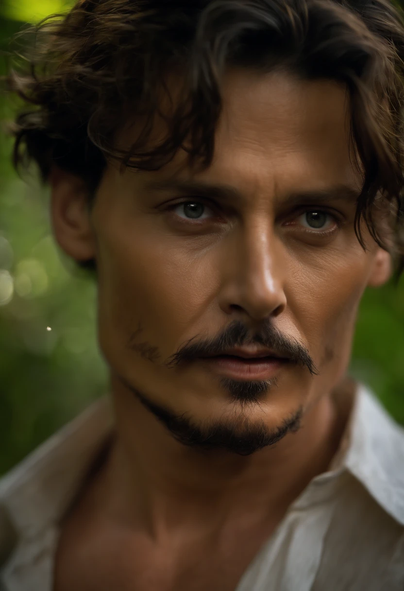 Masterpiece, Johnny Depp walks through the jungle at night (Night in the fireflies), (High detail:1 1), Rough face, Natural skin, High quality, NSFW, Beautiful eyes, (Detailed face and eyes), (face: 1 2), noise, Realphotos, Lamp film photography, Sharp focus, contrasty lighting, Detailed skin, High resolution 8K, insanely details, Realistic, Professional photography, 8K UHD, SLR camera, Soft lighting, High quality, filmgrain, Fujifilm XT3, 50 millimeters,