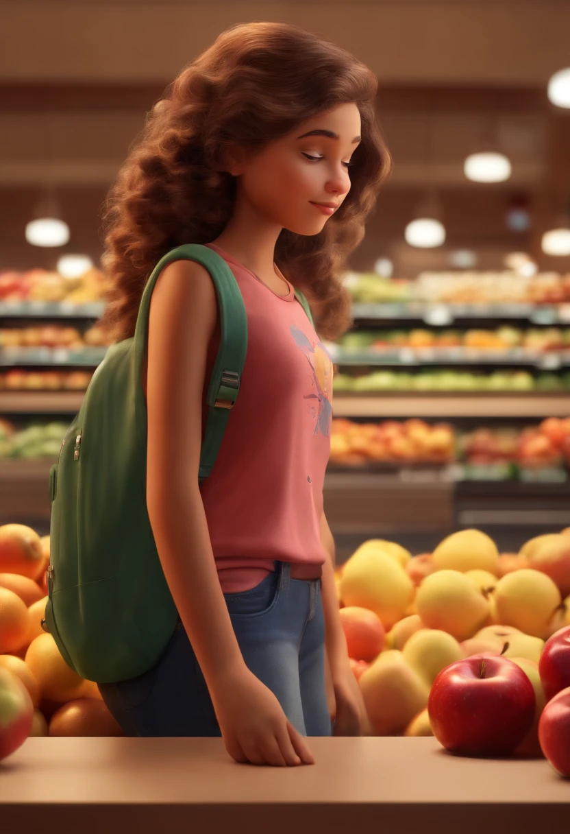Image of a girl for a story in a YouTube video in Pixar format, She is Salles in a Apple Store, cabelo longo e loira