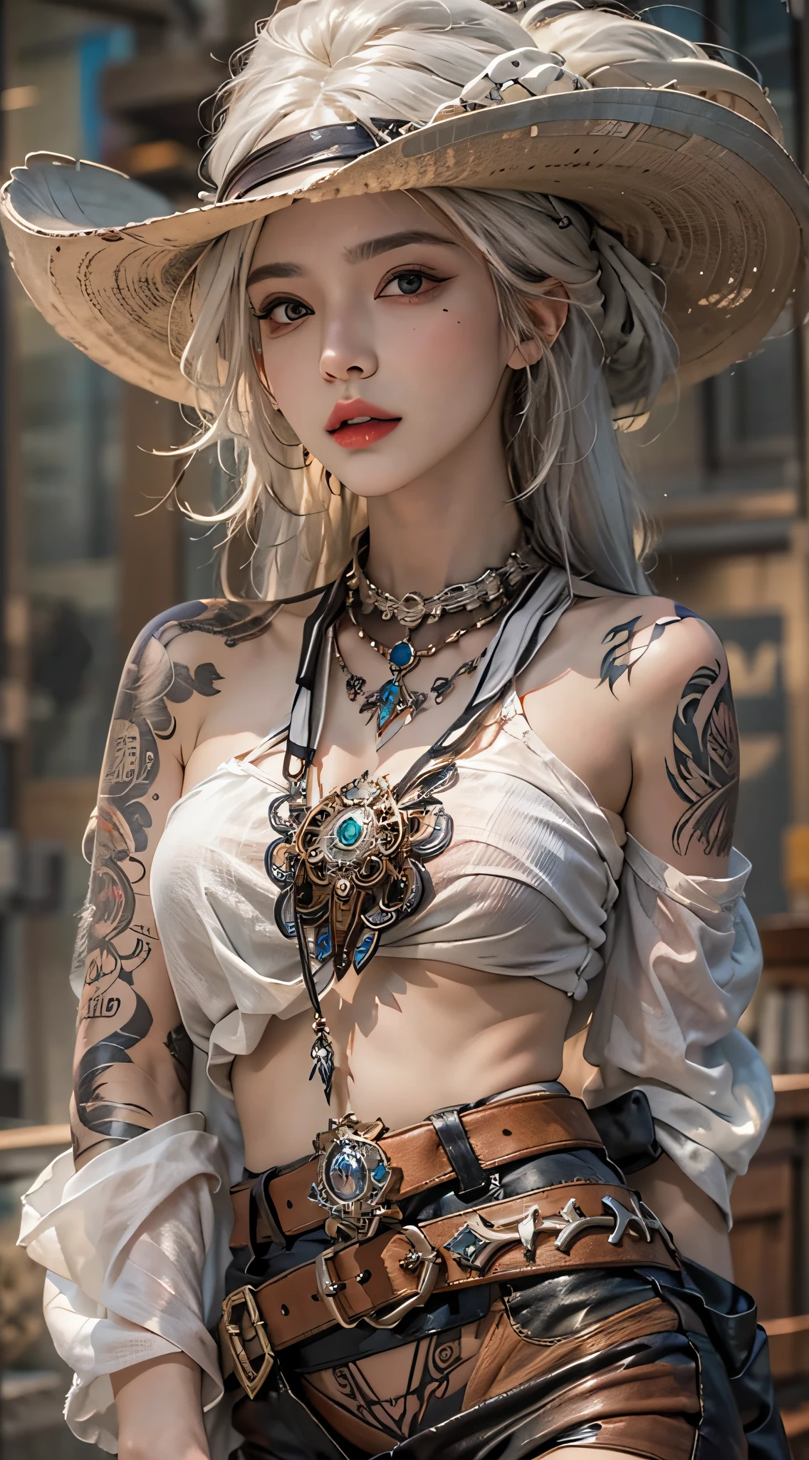 Photorealistic, high resolution, 1womanl, Solo, Hips up, view the viewer, (Detailed face), White hair, cowboy, Gun, jewelry, tattoo