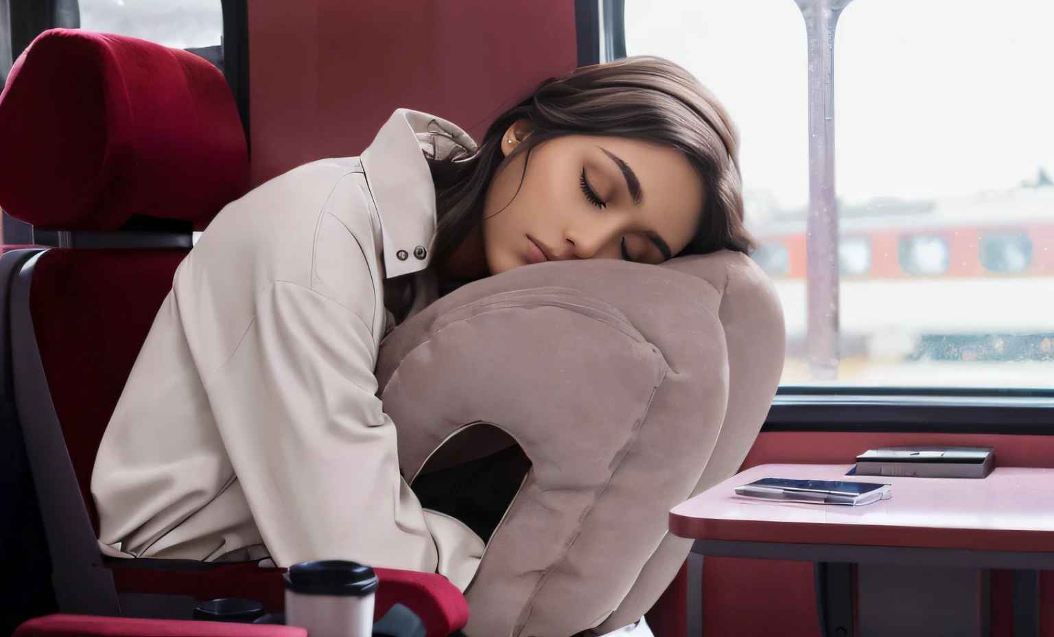 Dark brown woman with long hair sleeping in a train car，Pillow on the head, Sleepy, soft - warm, professional, ellegance, Sleepy expression, dreamy soft, Comfort, Comfortable posture, in a chill position, alternate angle, comfortable, 360*, Asleep, Soft mood, easy, foam, artistic pose, BREAK BREAK BREAK, Good morning, 360º