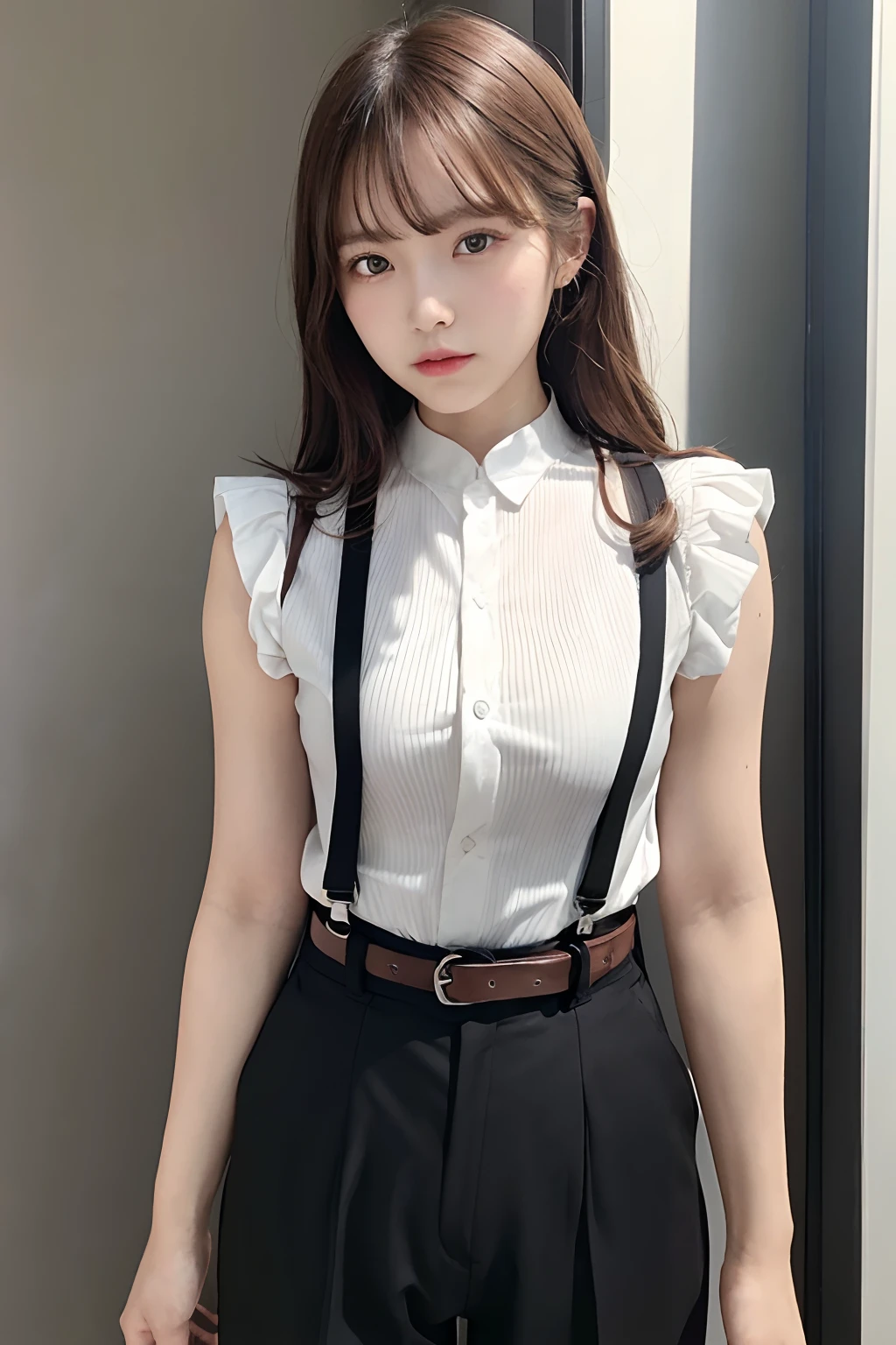 ​masterpiece、flat-colors、depth of fields、lens flare 1 girl、、Brown hair、watching at viewers　　　　a belt　black suspenders　　　huge-breasted　　　 　 Armpit sweat　perspiring　Side of both hands　　walls: 　Black pants, Black jacket holster　arm　Leg holster　　　arma　Gaze　　　Small face