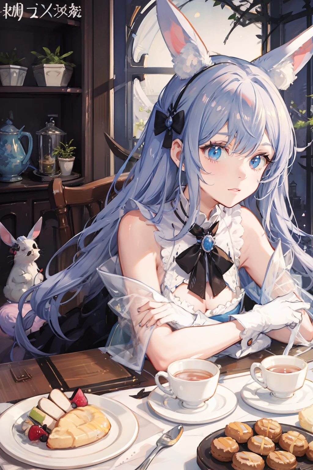 Incredible quality, masterpiece, ultra-detailed, workshop table background, a delicate and beautiful mechanical rabbit, in the foreground, long and curved ears, vivid blue eyes, shiny silver coat, light illuminates the small details of its complex mechanical joints.