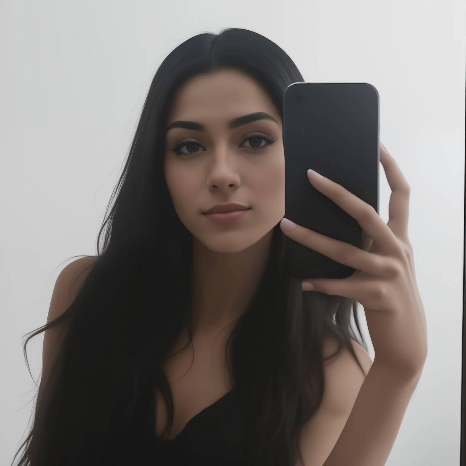 there is a woman taking a selfie in a mirror, fotografia de baixa qualidade, selfie de uma jovem mulher, imagem de qualidade muito baixa, em torno de 15 anos, imagem frontal, com cabelo preto liso, taken in the early 2020s, com longos cabelos pretos, com cabelos pretos, Parece Fabiula Nascimento, com longos cabelos escuros