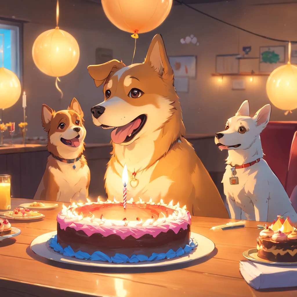 A dog birthday party, Elon Musk's dog, 8K super realistic dog, Super detail and vibrant colors, No residual image, No wrong images, Image without two heads, There is no double-sided image, The environmental details are super working, Cake and candles super detailed,