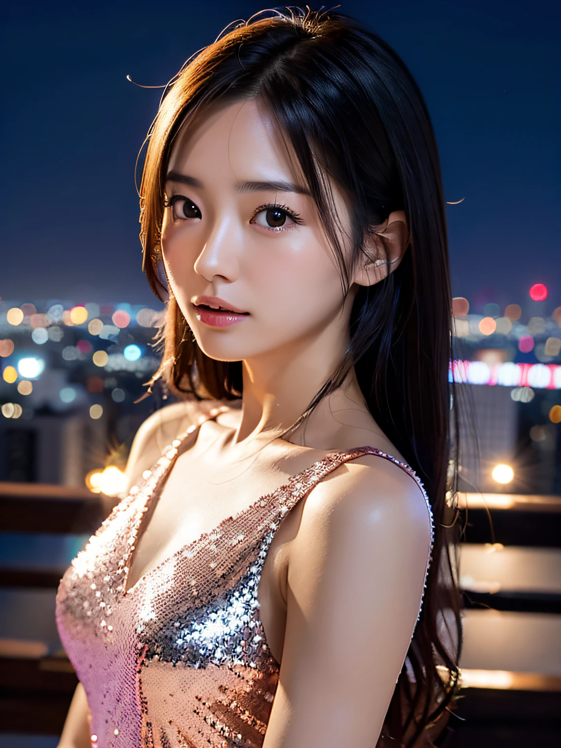 Lindsgnar_V1.0, (Clear focus: 1.5), (Clear focus:1.2), photo, Attractive young woman, (Pretty Face:1.1), delicate eyes, Sweet lips, (Natural Makeup:0.85), (Medium breasts:1.0), (petite figure:1.2), Wear (Sequined dress:1.2) in a (Nightclub:1.2). (Mood lighting:1.2), Depth of Field, Bokeh, 4k, HDR. go through (James C.. Christensen:1.2|Jeremy Lipkin:1.1).