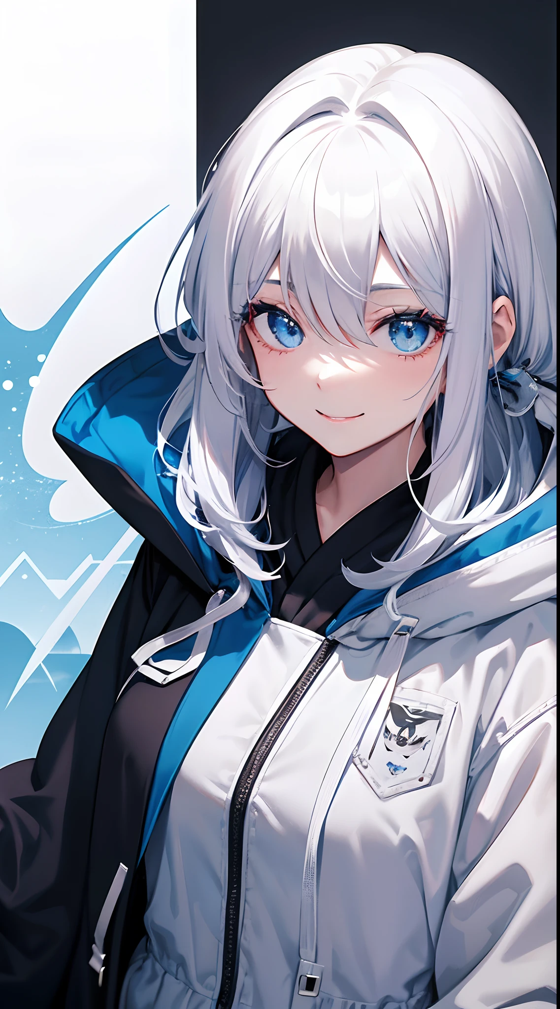 Cover magazine. Solo. 1woman. Anime. A woman with half black and half white hair. Her hair is long. Her eye color is blue. She was very cheerful and liked to smile. She is a poet. Wearing a blue hoodie and his head covered by a hoodie hood. She is full of freedom. Have ahego