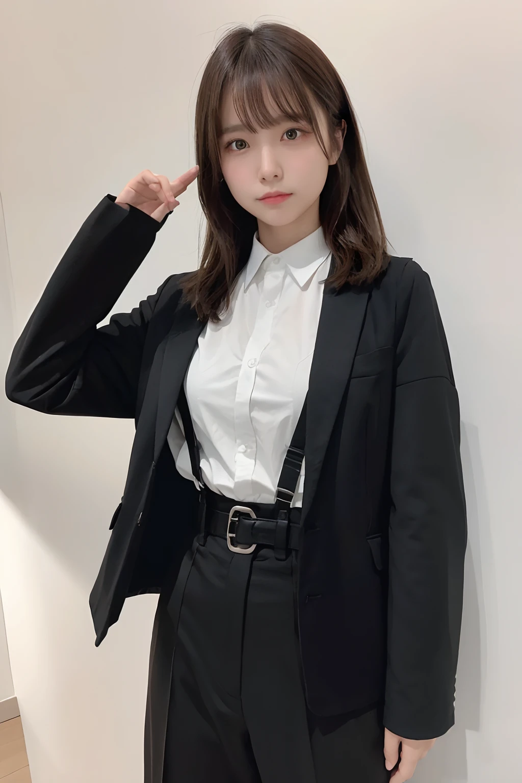 masterpiece、flat-colors、depth of fields、lens flare 1 girl、、Brown hair、watching at viewers a belt black suspenders ample bosom Armpit sweat perspiring Side of both hands walls: Black pants, Black jacket holster arm Leg holster arma Gaze Small face